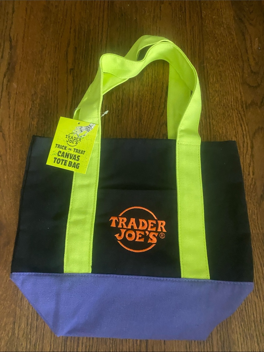 Trader Joe's Black & Lime Canvas Tote Bag with Purple Base